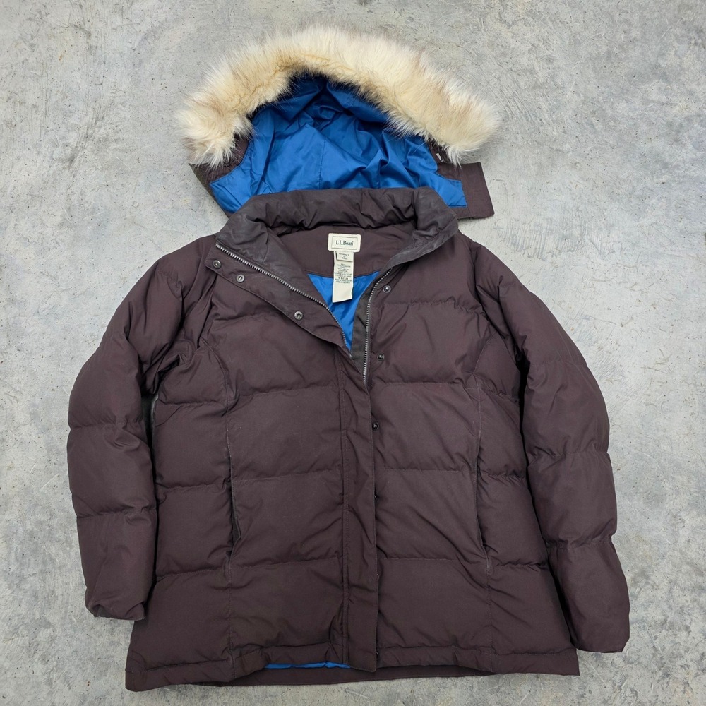 LLBean Womens Down Parka Jacket Brown Fur‎ Hood Winter Warm L